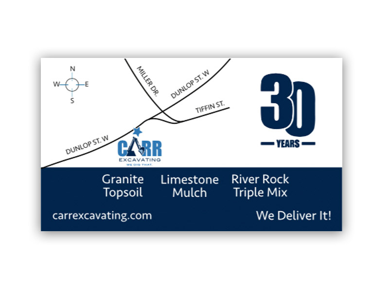 Carr Excavating Business Card - Back design, branding with Bare Bones Marketing in Oakville, Ontario.
