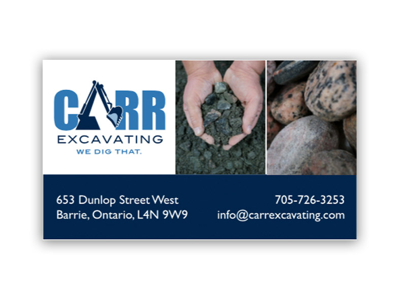 Carr Excavating Business Card - Front design, branding with Bare Bones Marketing in Oakville, Ontario.