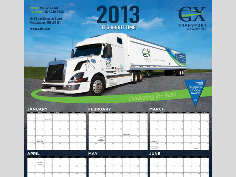 Calendar Design 2013 - GX Transport with Bare Bones Marketing in Oakville, Ontario.