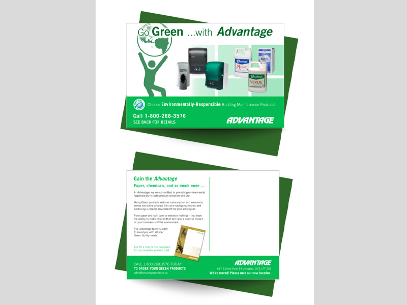 Advantage Go Green - Postcard design branding with Bare Bones Marketing in Oakville, Ontario