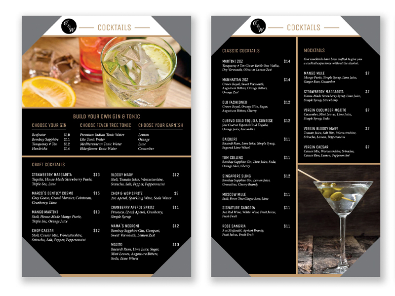 Cocktails Menu Chop and Wop - Brochure design with Bare Bones Marketing in Oakville, Ontario.