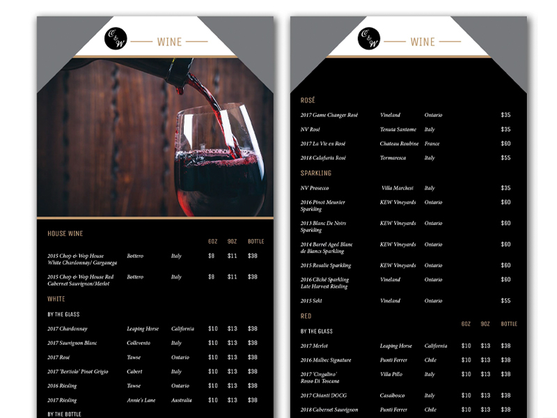 Wine List Chop and Wop - Brochure design with Bare Bones Marketing in Oakville, Ontario.